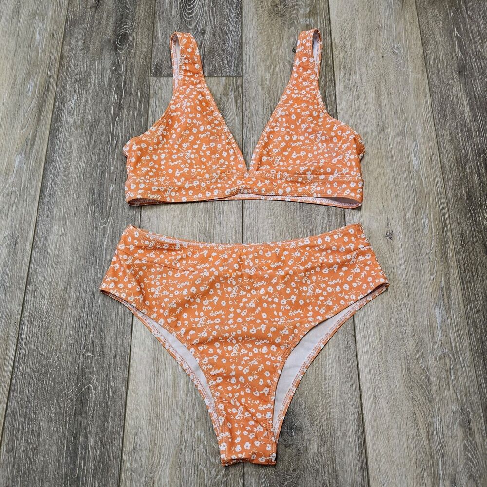Unbranded Micro Floral 2 Piece Bikini Set High Waist Orange White Women's Medium